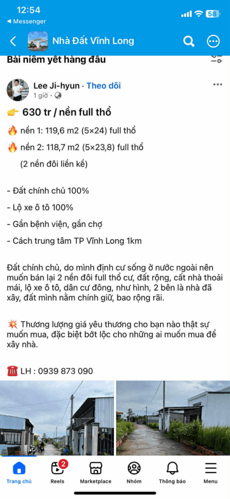 Ảnh chụp tin đăng hai nền liền kề full thổ cư gần trung tâm TP Vĩnh Long