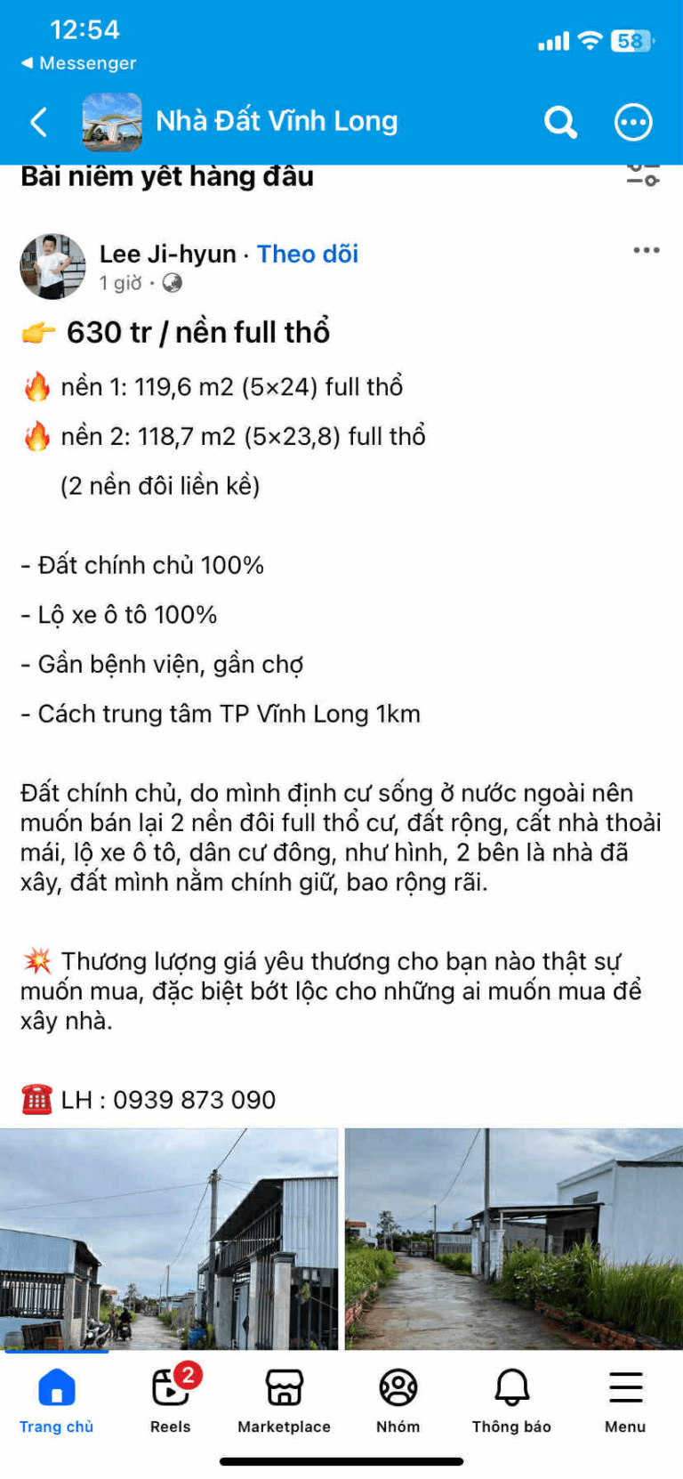 Ảnh chụp tin đăng hai nền liền kề full thổ cư gần trung tâm TP Vĩnh Long